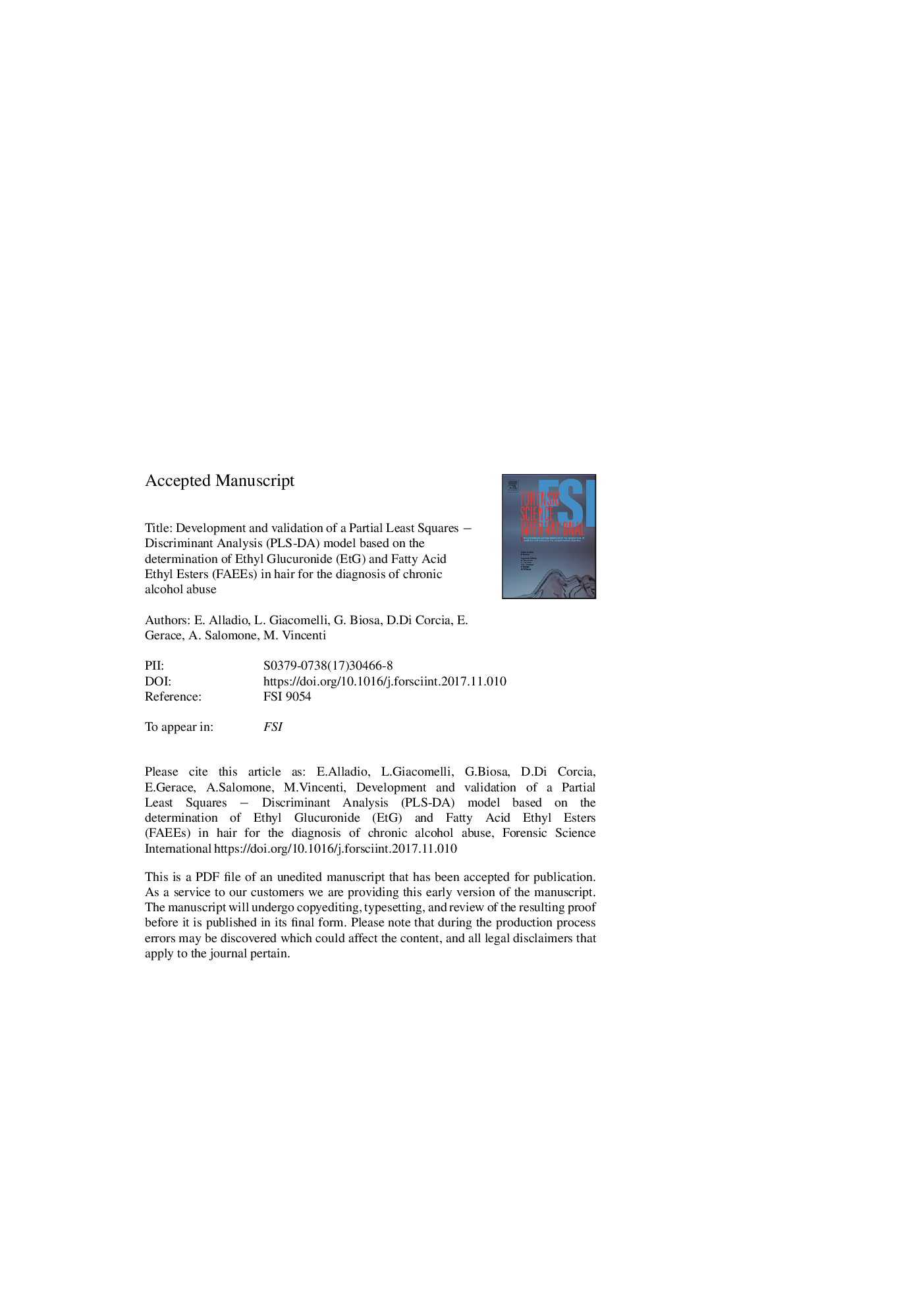 Development and validation of a Partial Least Squares-Discriminant Analysis (PLS-DA) model based on the determination of ethyl glucuronide (EtG) and fatty acid ethyl esters (FAEEs) in hair for the diagnosis of chronic alcohol abuse