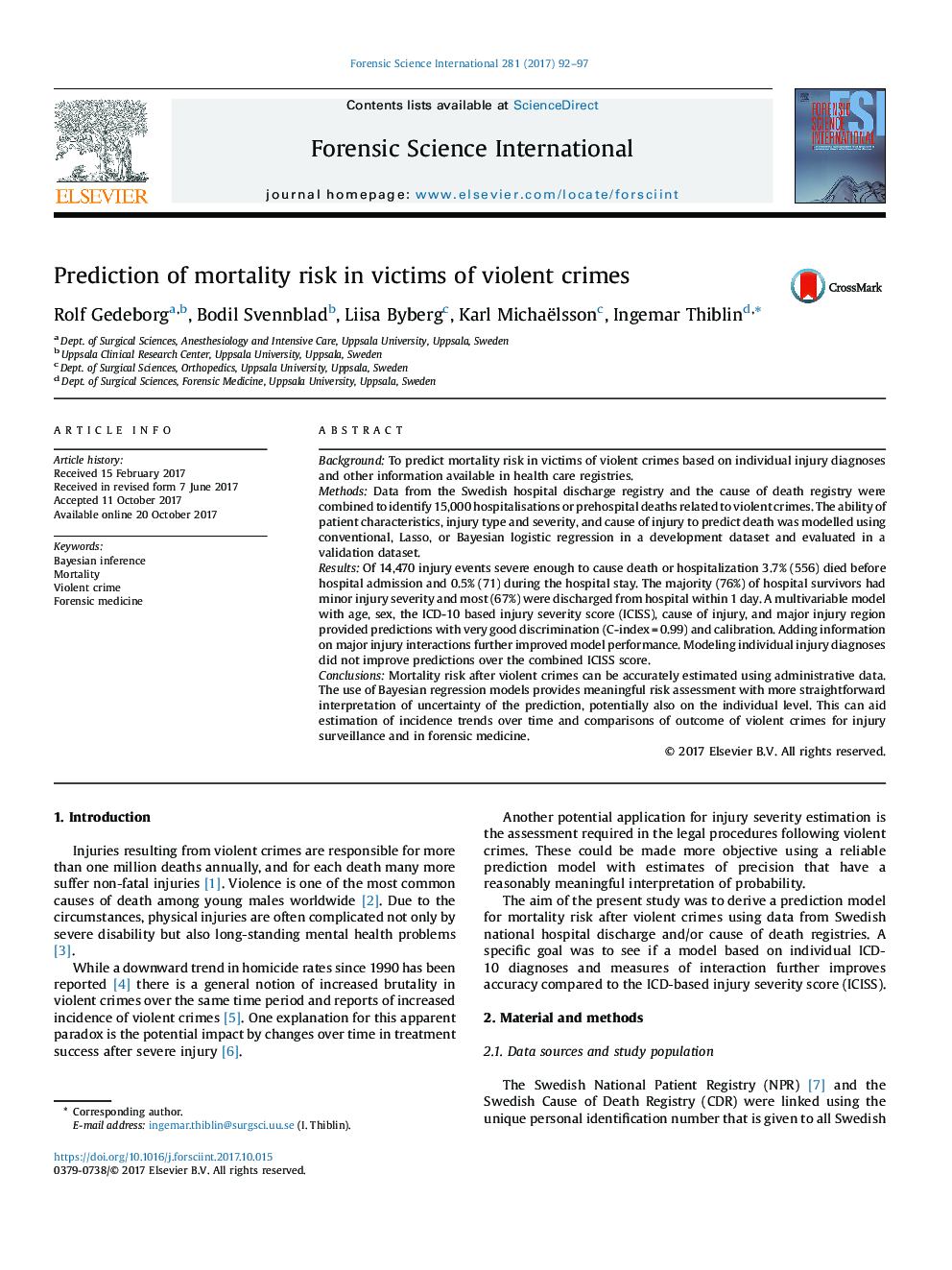 Prediction of mortality risk in victims of violent crimes