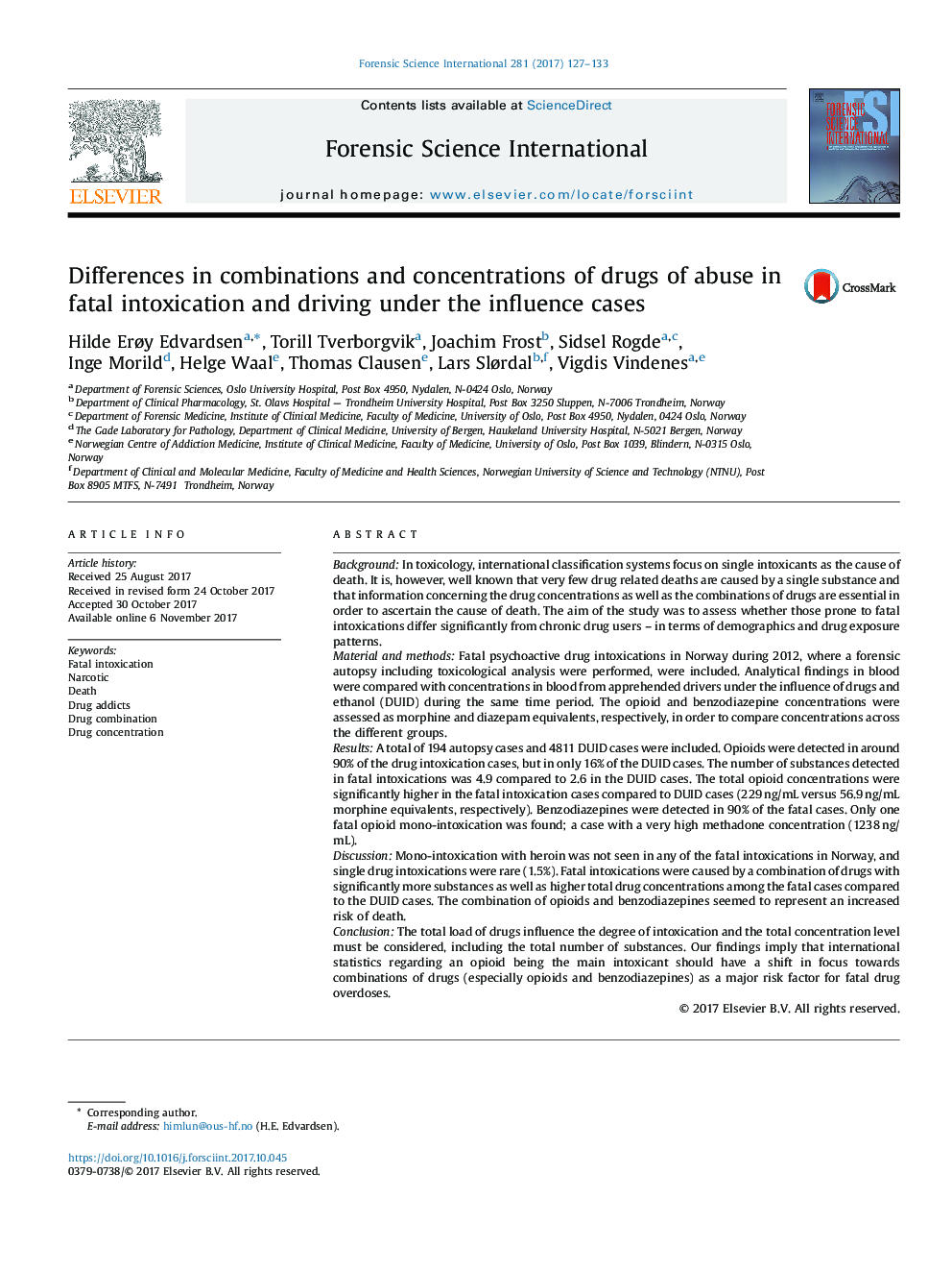 Differences in combinations and concentrations of drugs of abuse in fatal intoxication and driving under the influence cases