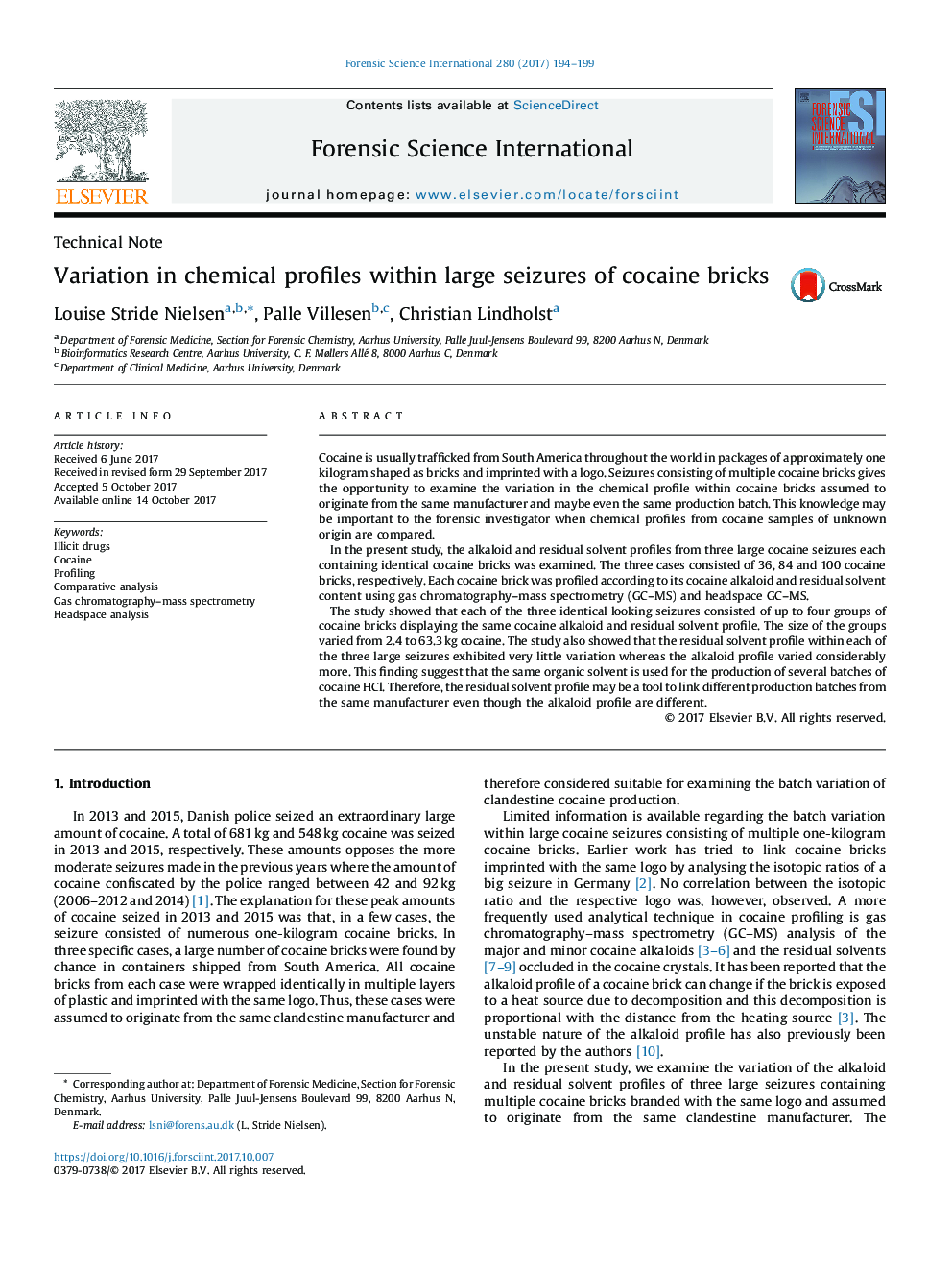 Variation in chemical profiles within large seizures of cocaine bricks