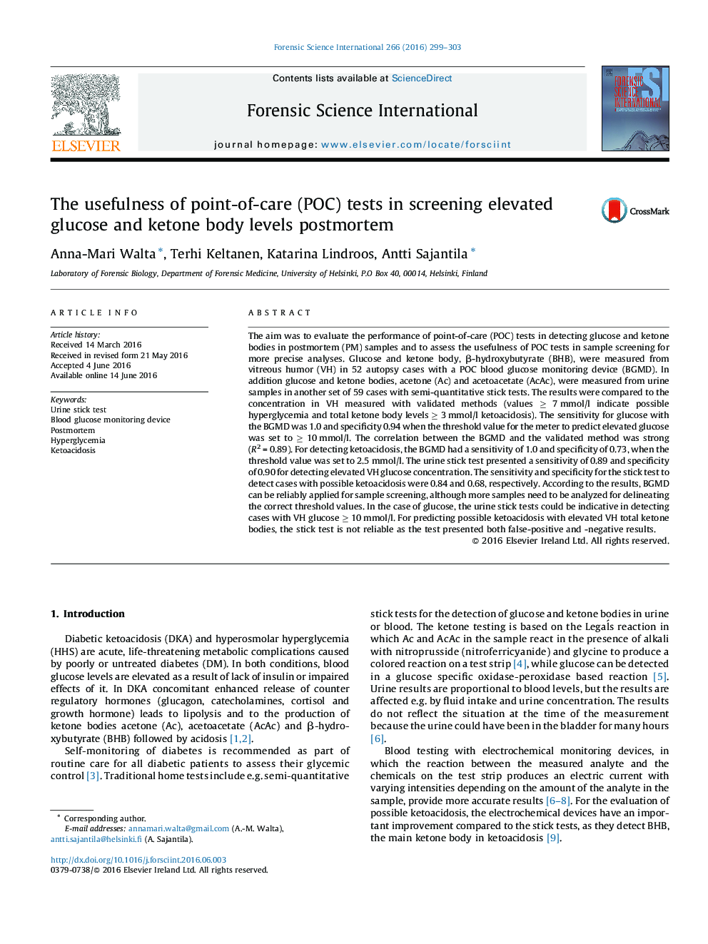 The usefulness of point-of-care (POC) tests in screening elevated glucose and ketone body levels postmortem