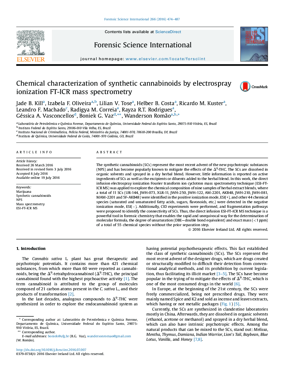 Chemical characterization of synthetic cannabinoids by electrospray ionization FT-ICR mass spectrometry