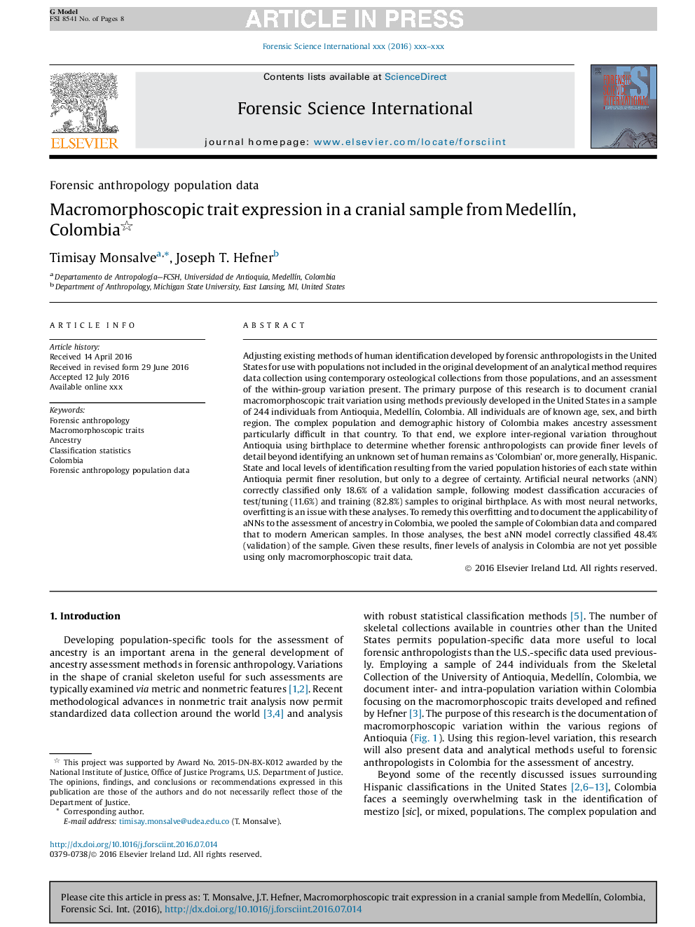 Macromorphoscopic trait expression in a cranial sample from MedellÃ­n, Colombia