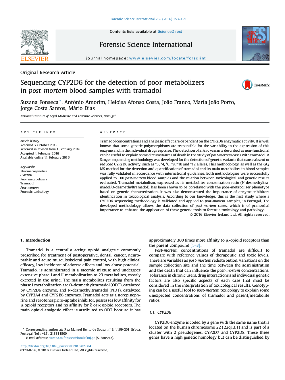 Sequencing CYP2D6 for the detection of poor-metabolizers in post-mortem blood samples with tramadol