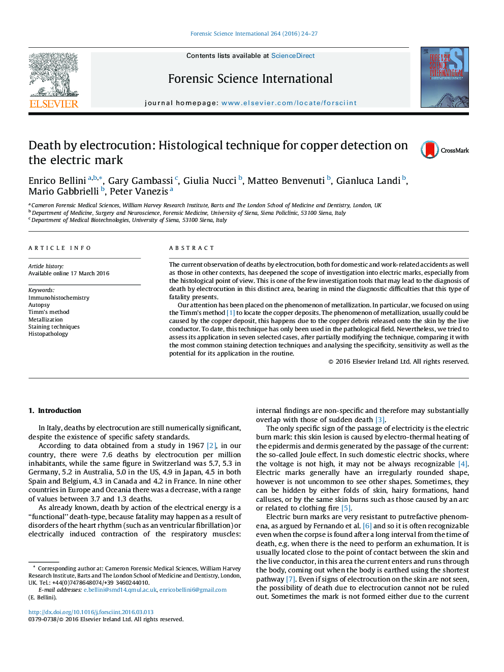 Death by electrocution: Histological technique for copper detection on the electric mark