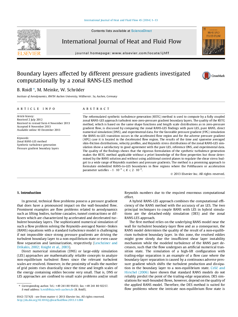 عکس صفحه اول مقاله: Boundary layers affected by different pressure gradients investigated computationally by a zonal RANS-LES method Boundary layers affected by different pressure gradients investigated computationally by a zonal RANS-LES method