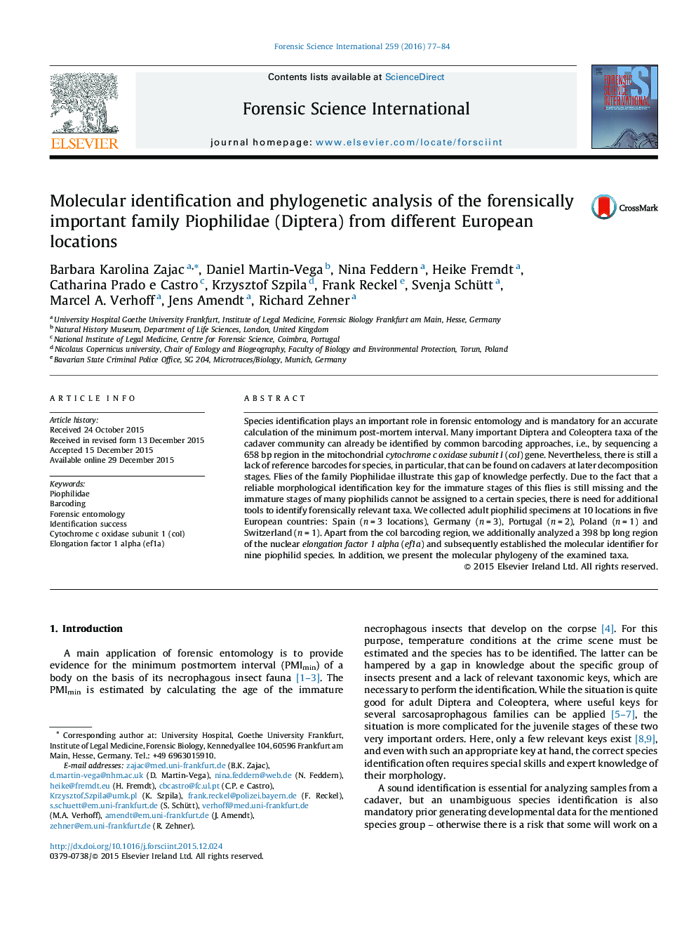 Molecular identification and phylogenetic analysis of the forensically important family Piophilidae (Diptera) from different European locations