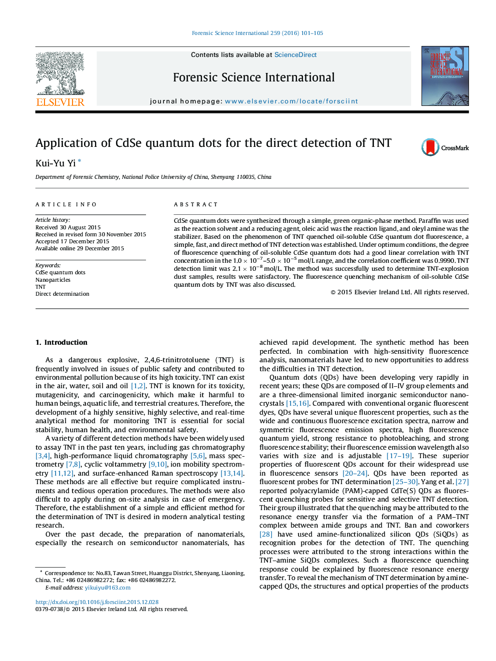 Application of CdSe quantum dots for the direct detection of TNT