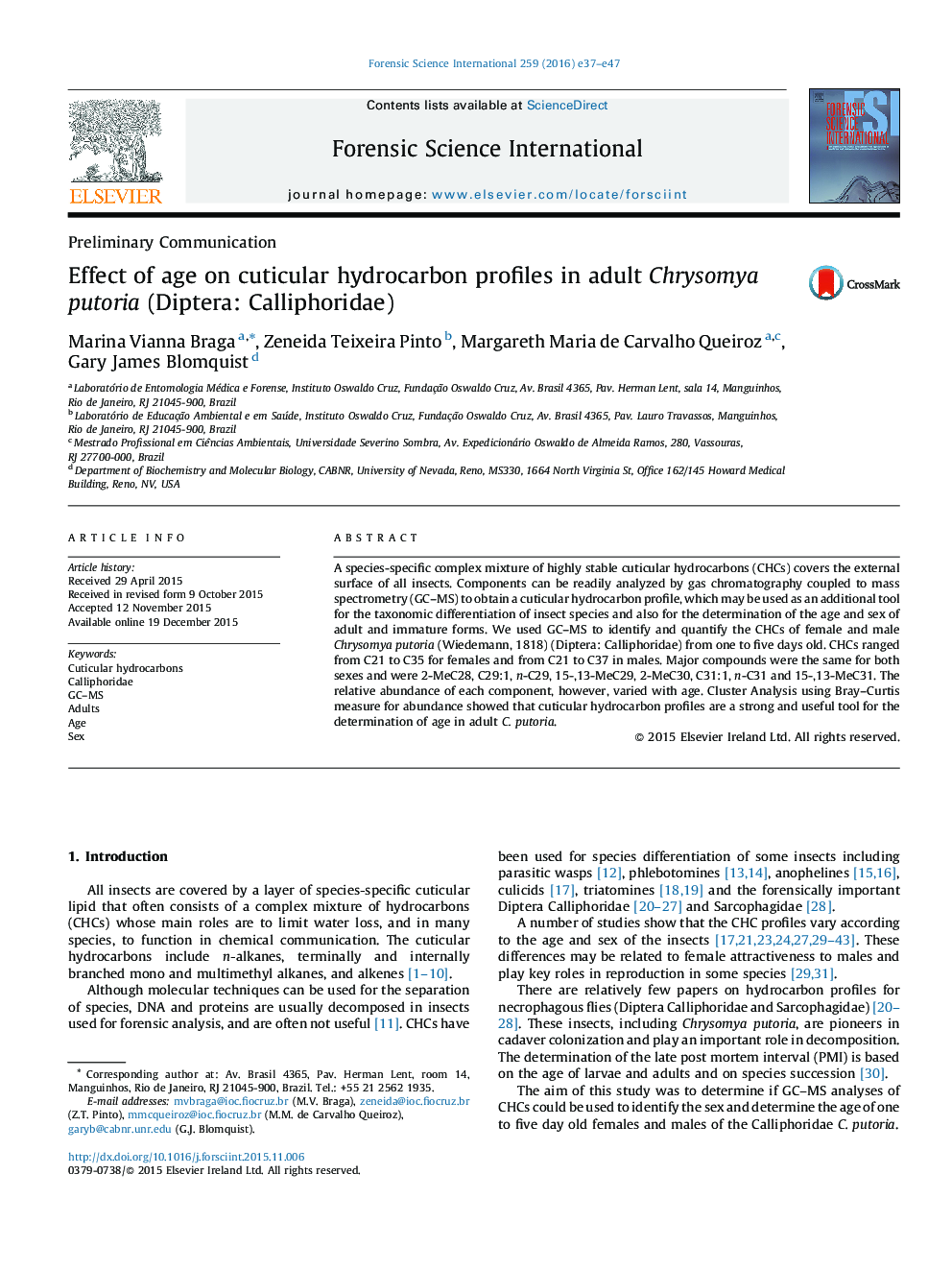 Effect of age on cuticular hydrocarbon profiles in adult Chrysomya putoria (Diptera: Calliphoridae)