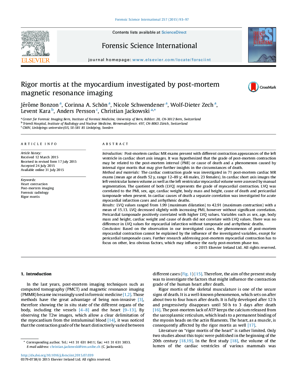 Rigor mortis at the myocardium investigated by post-mortem magnetic resonance imaging