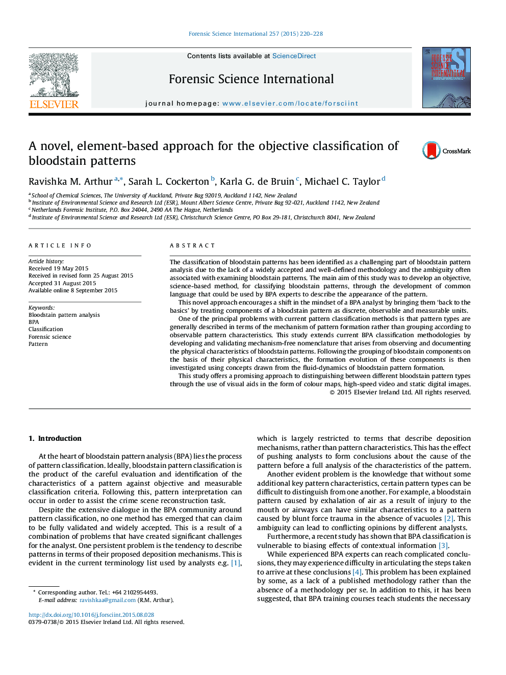 A novel, element-based approach for the objective classification of bloodstain patterns