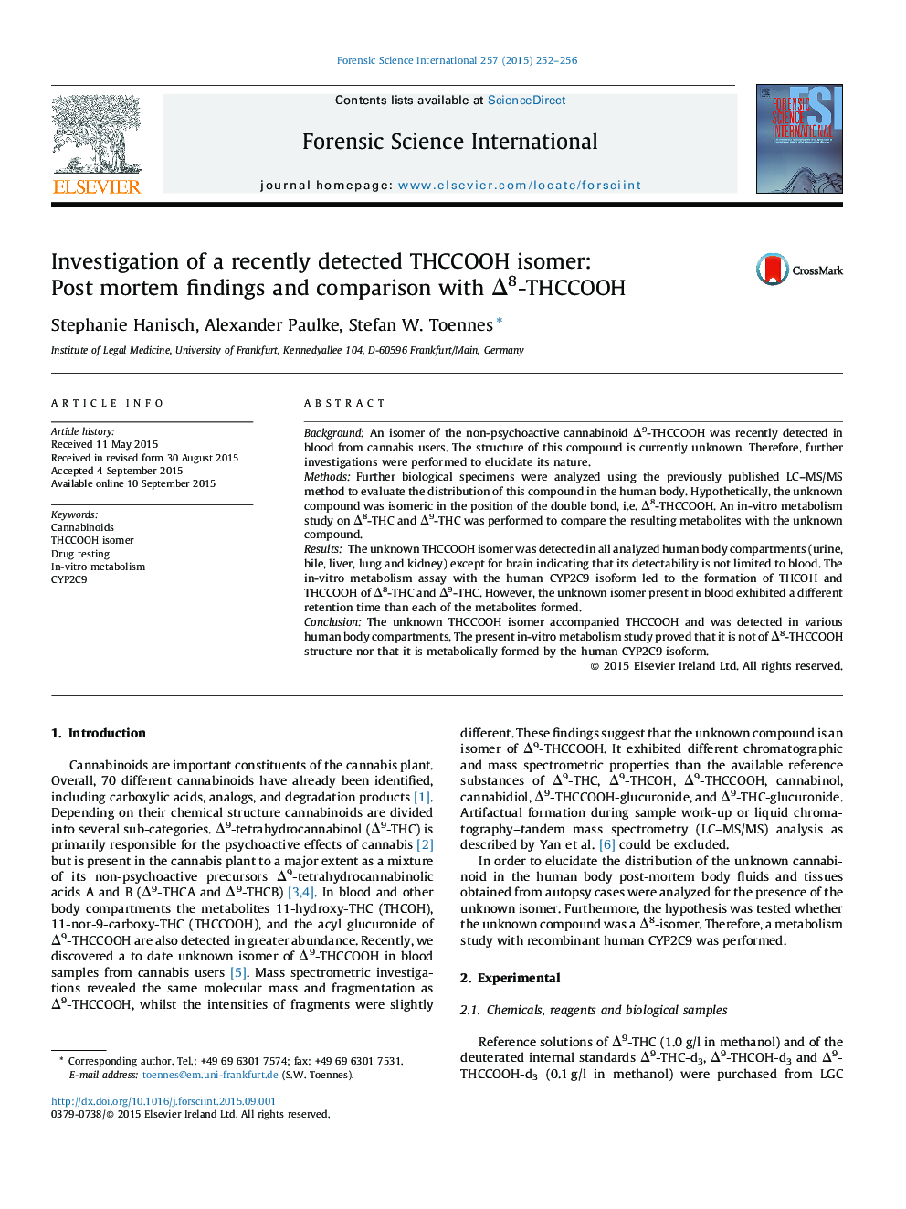 Investigation of a recently detected THCCOOH isomer: Post mortem findings and comparison with Î8-THCCOOH