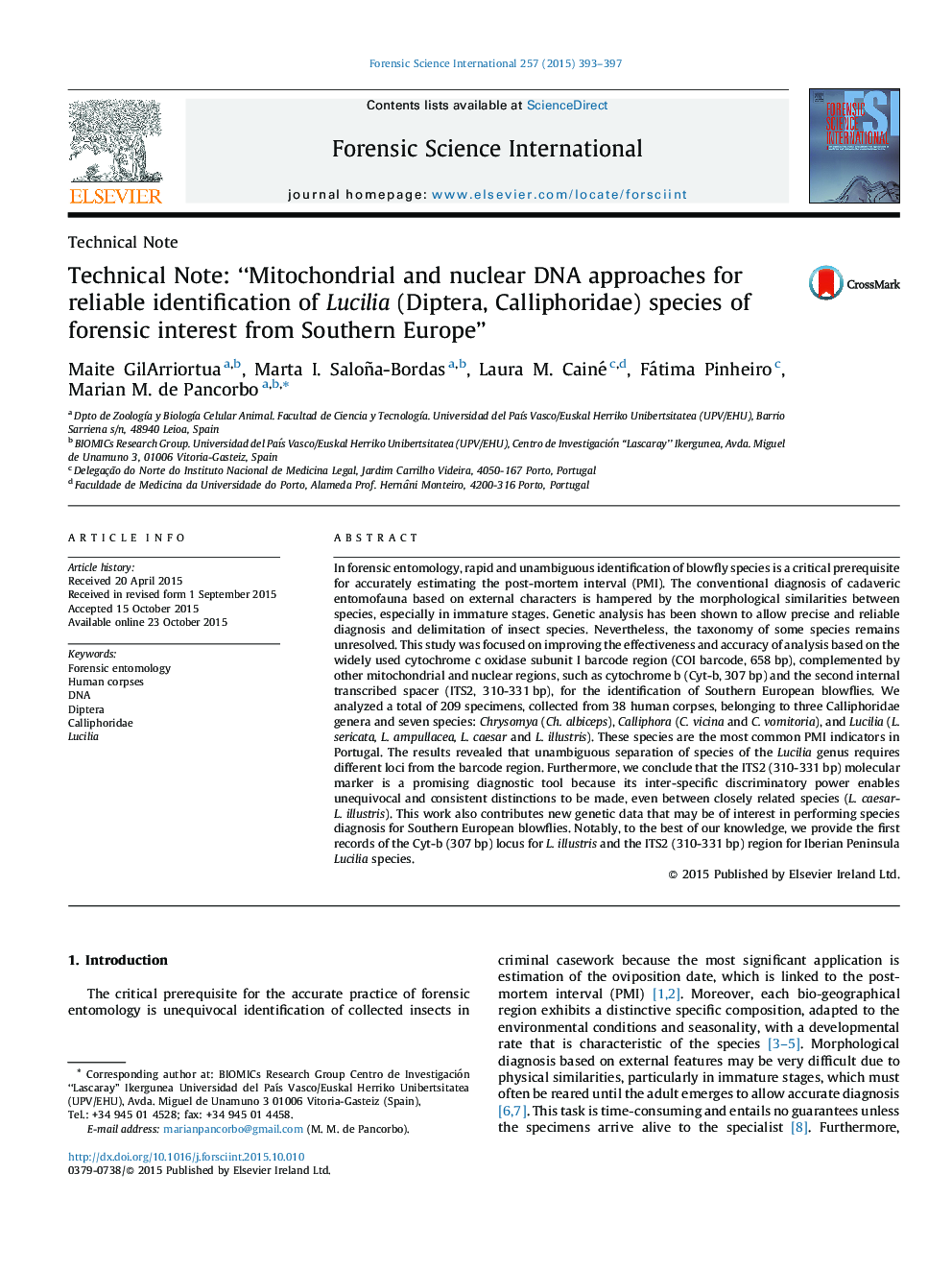 Technical Note: “Mitochondrial and nuclear DNA approaches for reliable identification of Lucilia (Diptera, Calliphoridae) species of forensic interest from Southern Europe”