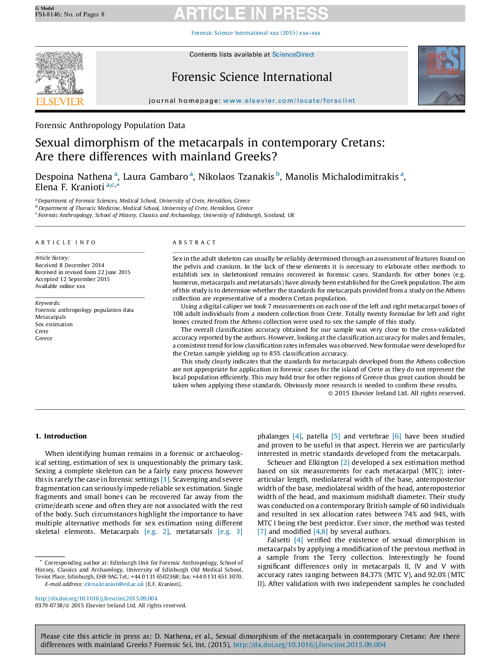 Sexual dimorphism of the metacarpals in contemporary Cretans: Are there differences with mainland Greeks?