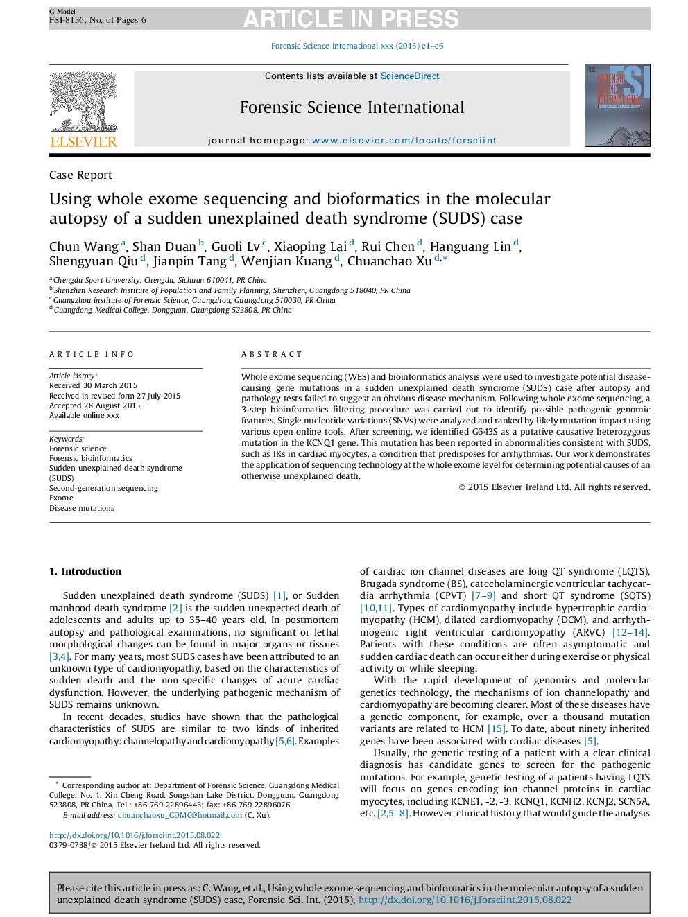 عکس صفحه اول مقاله: Using whole exome sequencing and bioformatics in the molecular autopsy of a sudden unexplained death syndrome (SUDS) case Using whole exome sequencing and bioformatics in the molecular autopsy of a sudden unexplained death syndrome (SUDS) case