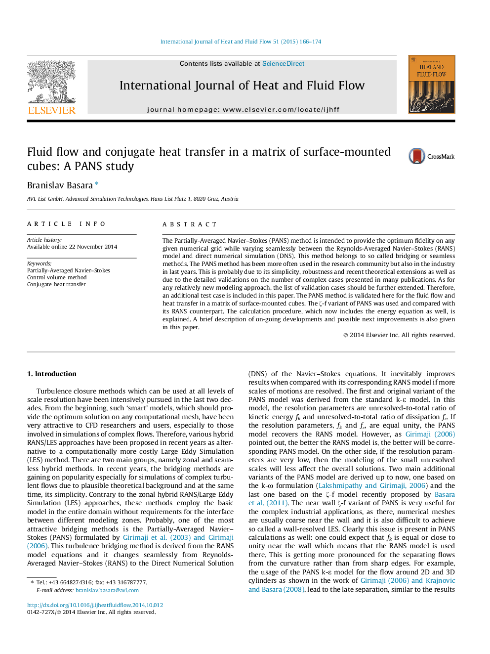 عکس صفحه اول مقاله: Fluid flow and conjugate heat transfer in a matrix of surface-mounted cubes: A PANS study Fluid flow and conjugate heat transfer in a matrix of surface-mounted cubes: A PANS study