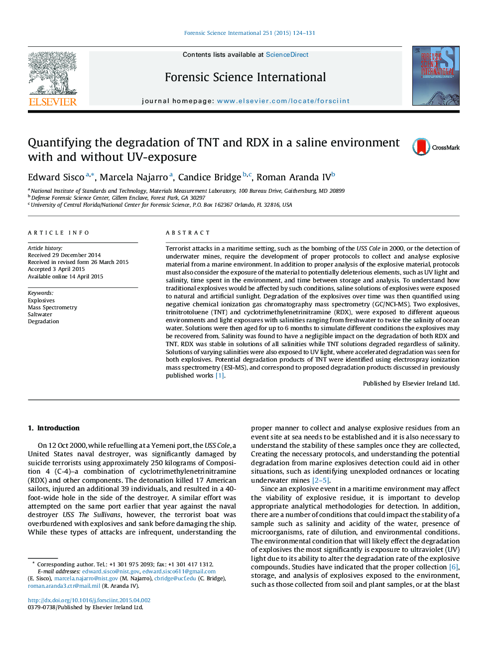 Quantifying the degradation of TNT and RDX in a saline environment with and without UV-exposure