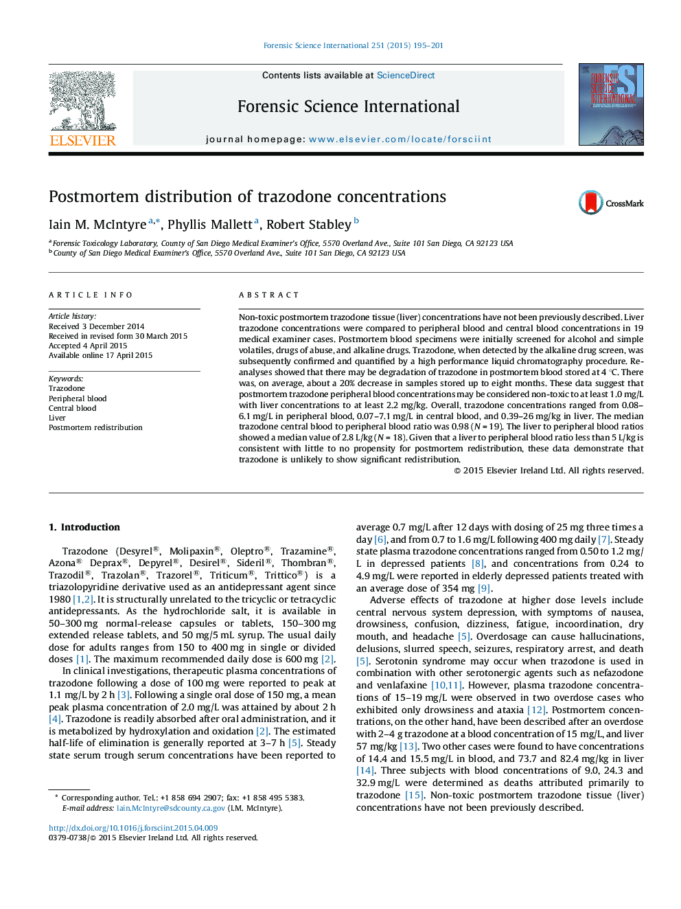 Postmortem distribution of trazodone concentrations