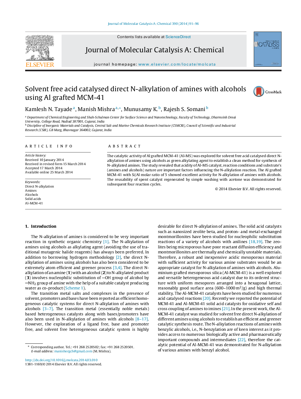 Solvent free acid catalysed direct N-alkylation of amines with alcohols using Al grafted MCM-41