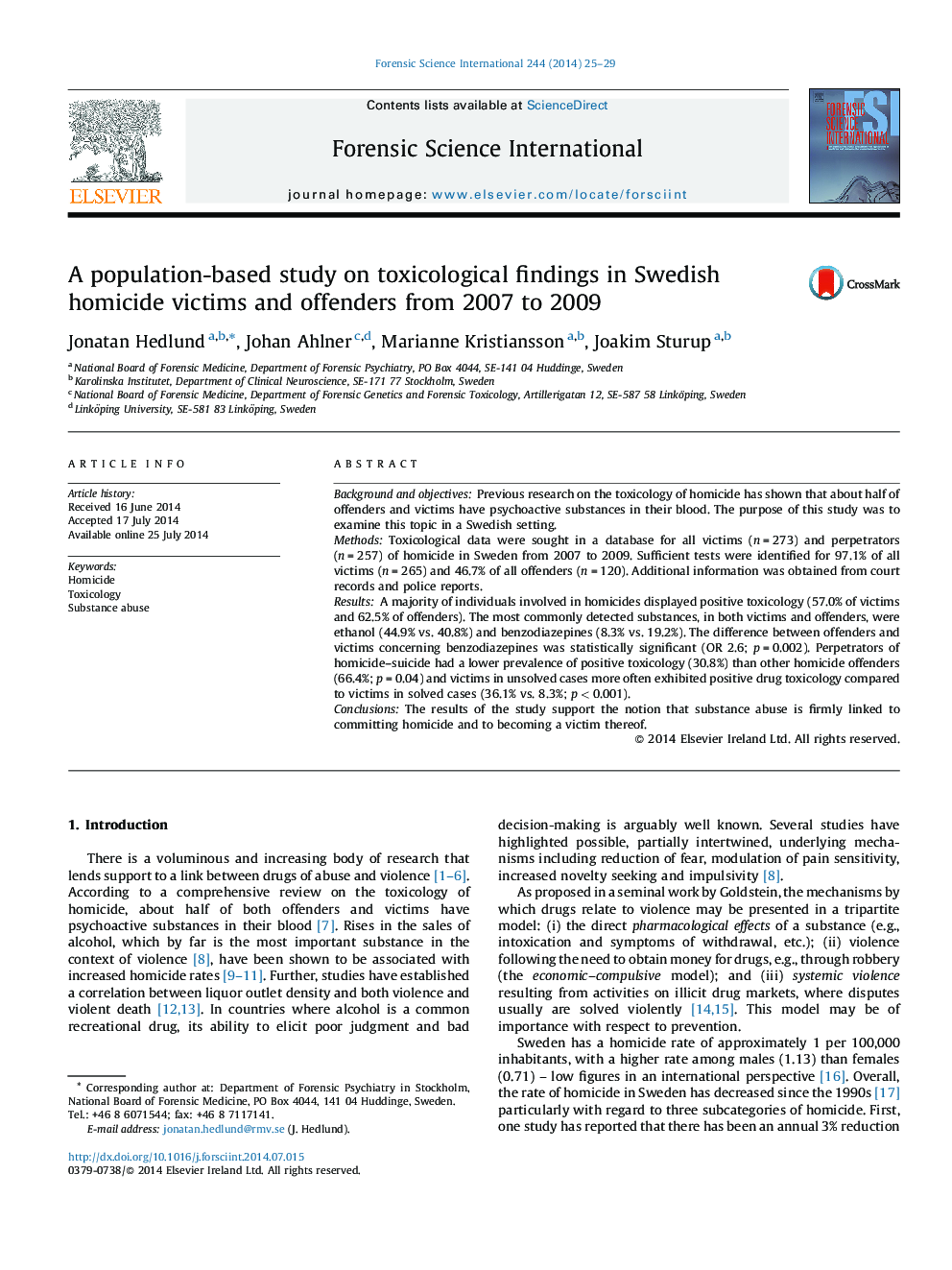 A population-based study on toxicological findings in Swedish homicide victims and offenders from 2007 to 2009