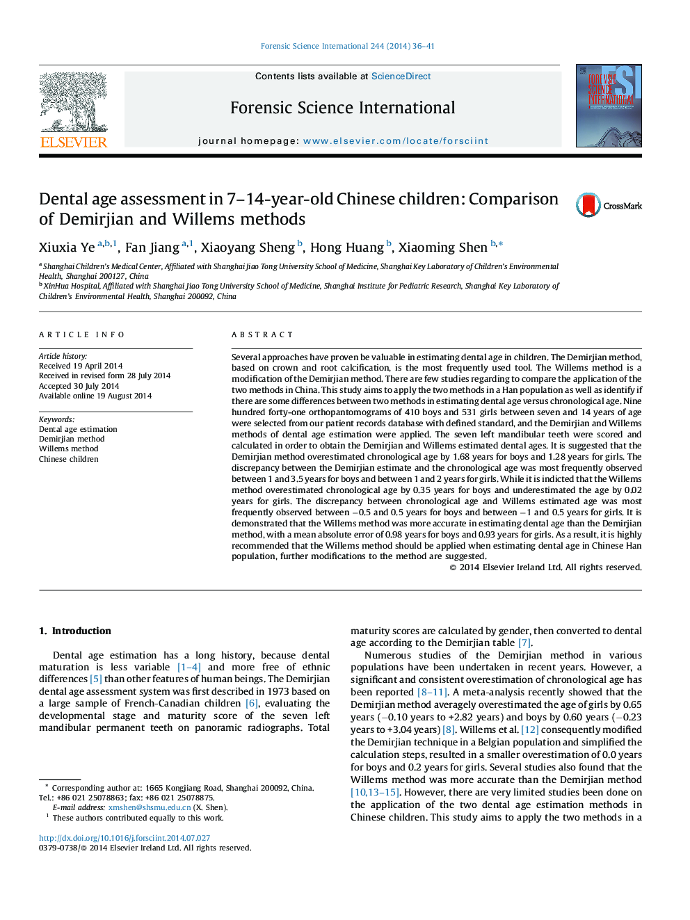 Dental age assessment in 7-14-year-old Chinese children: Comparison of Demirjian and Willems methods