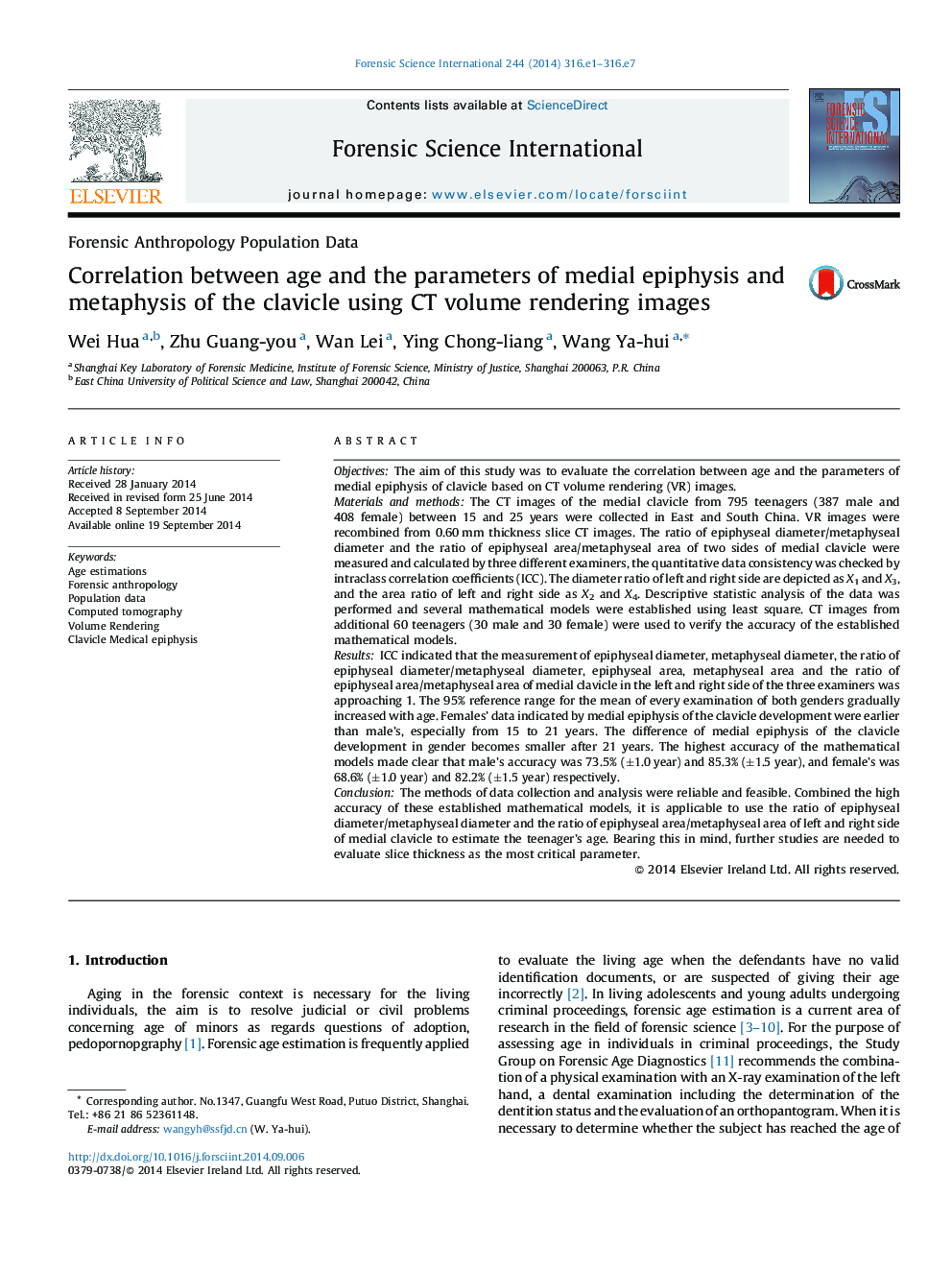 Correlation between age and the parameters of medial epiphysis and metaphysis of the clavicle using CT volume rendering images