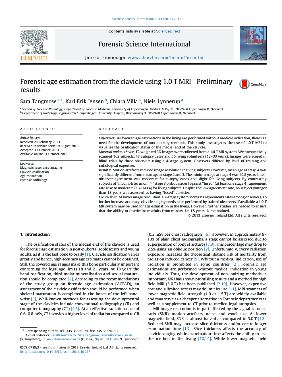 Forensic age estimation from the clavicle using 1.0Â T MRI-Preliminary results