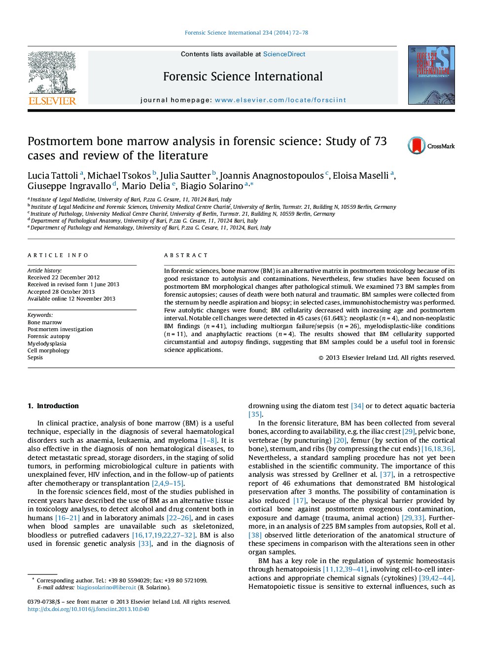 Postmortem bone marrow analysis in forensic science: Study of 73 cases and review of the literature