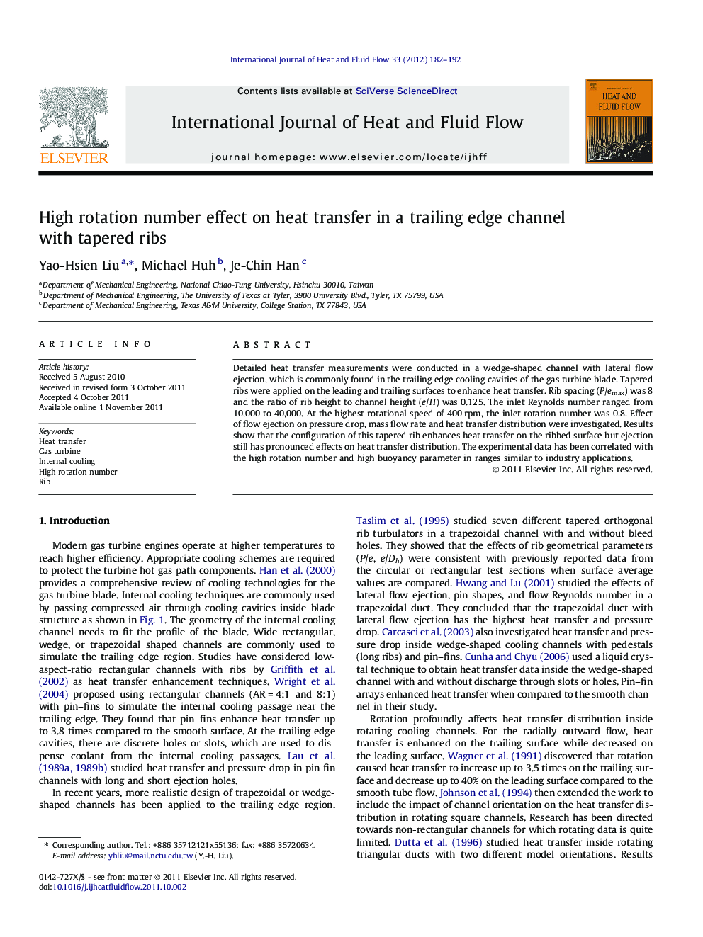 عکس صفحه اول مقاله: High rotation number effect on heat transfer in a trailing edge channel with tapered ribs High rotation number effect on heat transfer in a trailing edge channel with tapered ribs