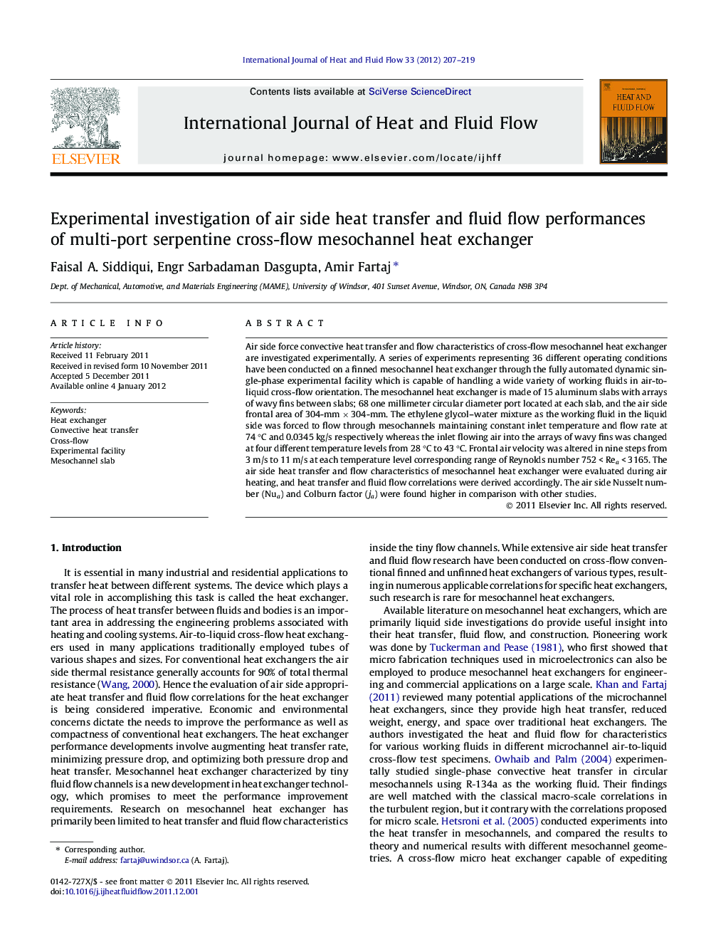 Experimental investigation of air side heat transfer and fluid flow performances of multi-port serpentine cross-flow mesochannel heat exchanger