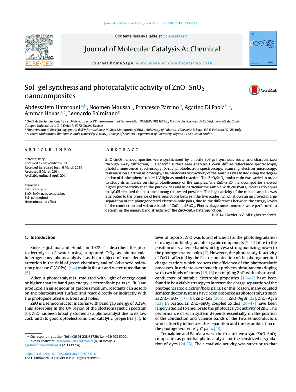 Sol–gel synthesis and photocatalytic activity of ZnO–SnO2 nanocomposites
