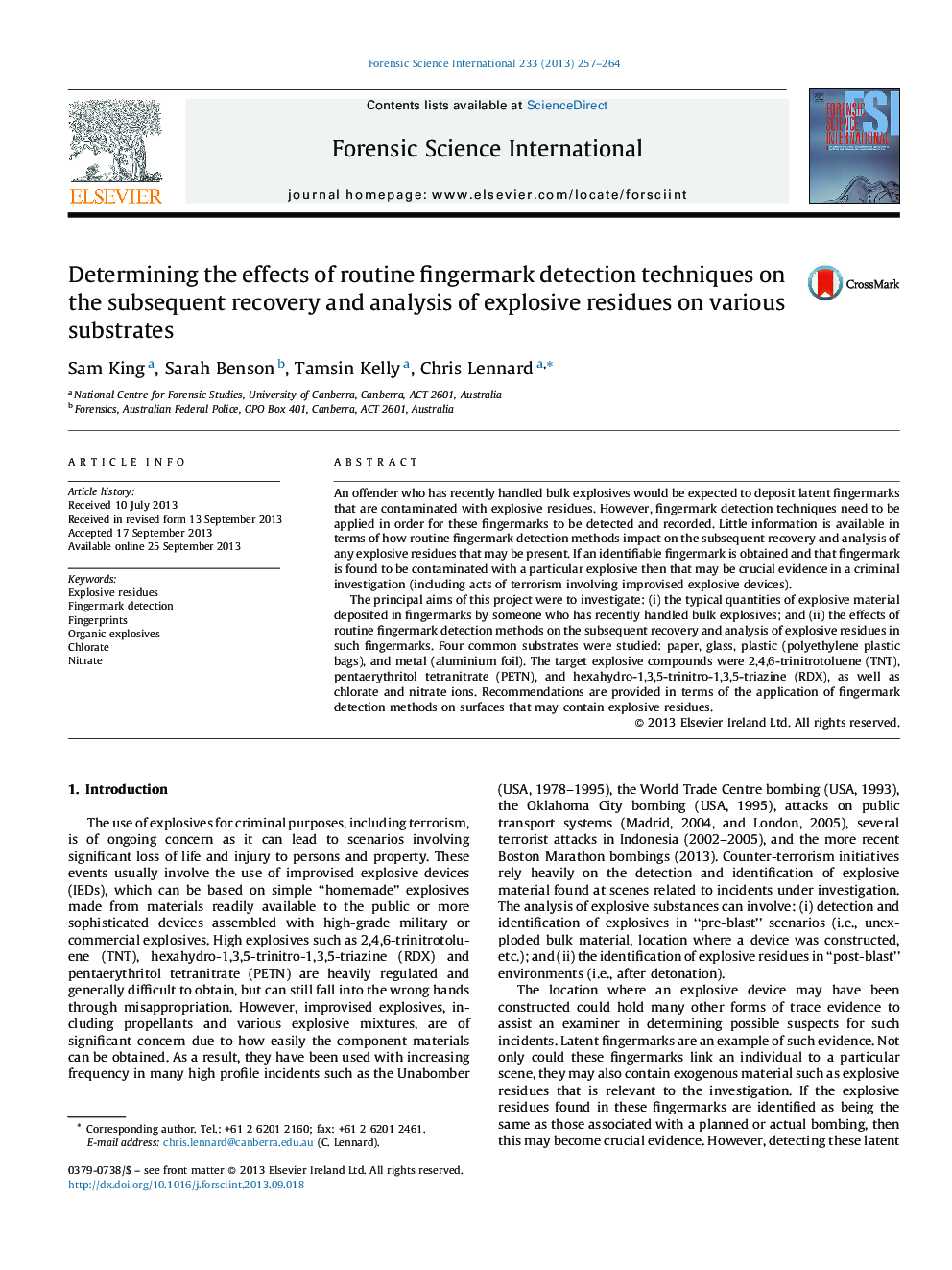 Determining the effects of routine fingermark detection techniques on the subsequent recovery and analysis of explosive residues on various substrates