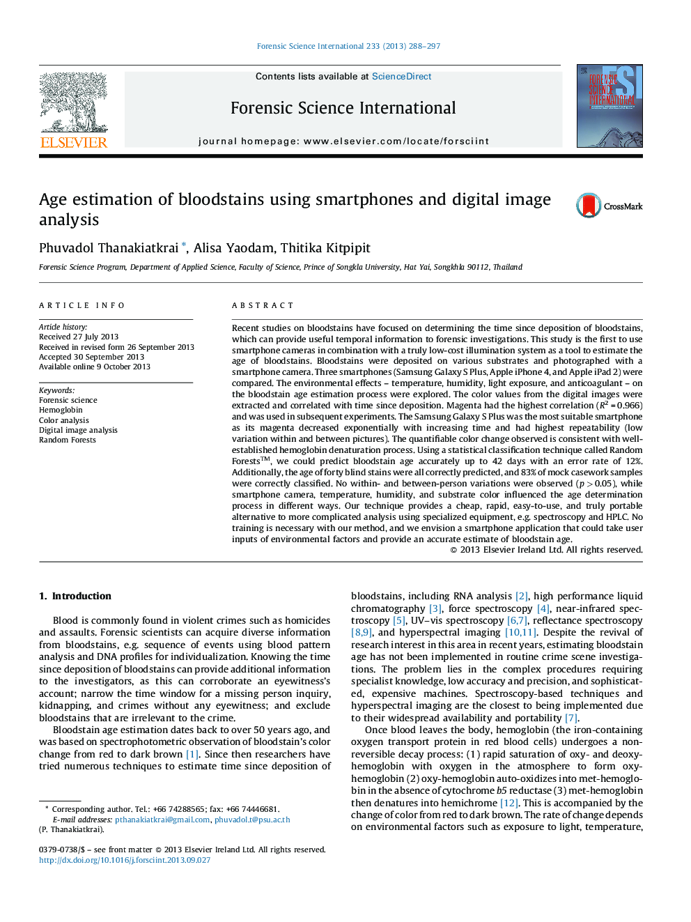 Age estimation of bloodstains using smartphones and digital image analysis