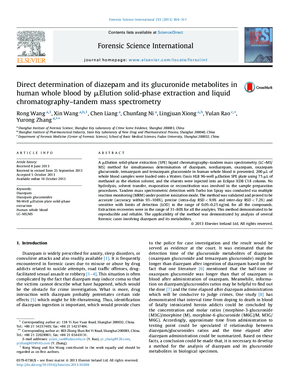 Direct determination of diazepam and its glucuronide metabolites in human whole blood by Î¼Elution solid-phase extraction and liquid chromatography-tandem mass spectrometry