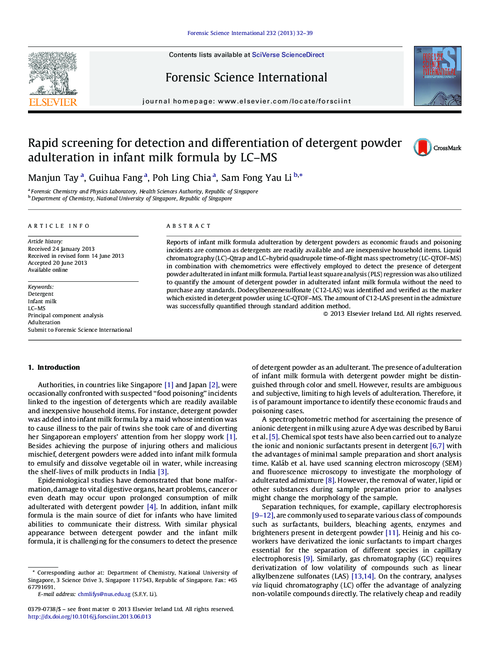 Rapid screening for detection and differentiation of detergent powder adulteration in infant milk formula by LC-MS