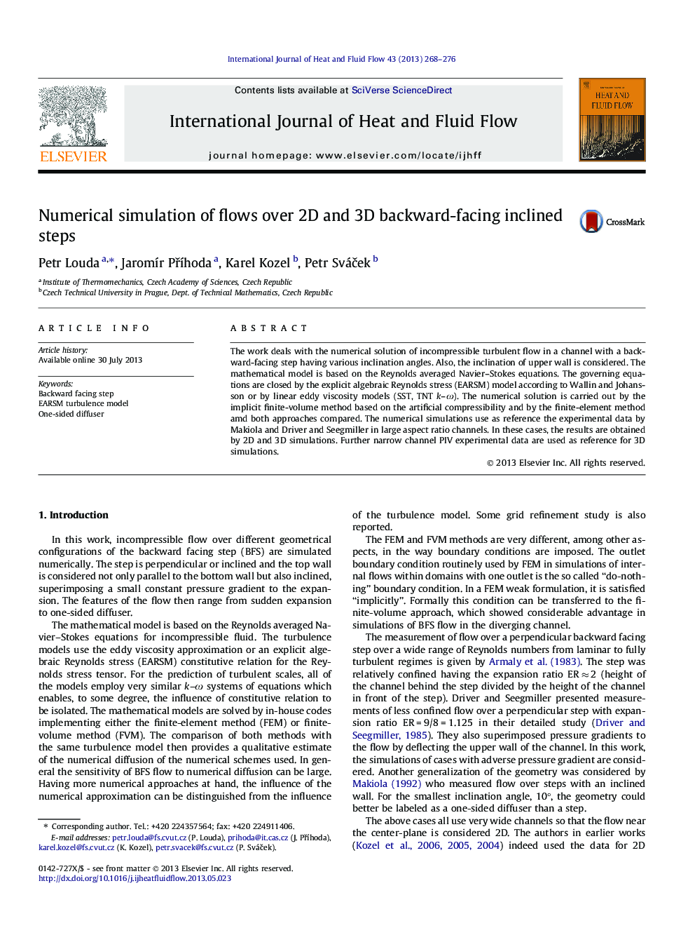 Numerical simulation of flows over 2D and 3D backward-facing inclined steps