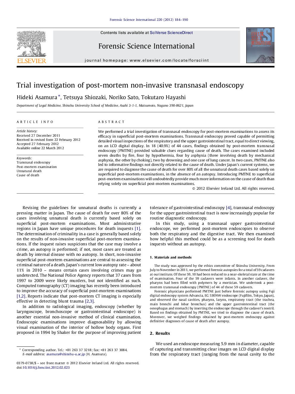 Trial investigation of post-mortem non-invasive transnasal endoscopy