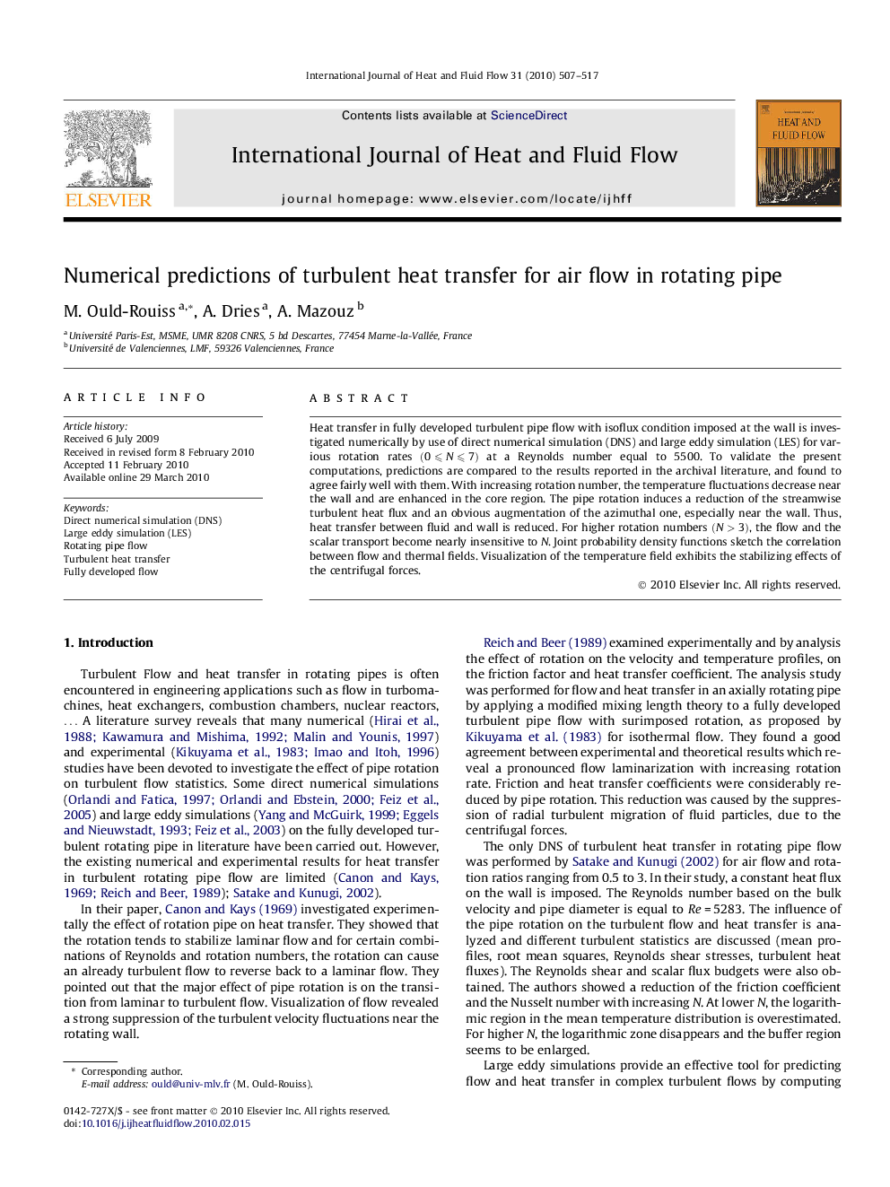 Numerical predictions of turbulent heat transfer for air flow in rotating pipe