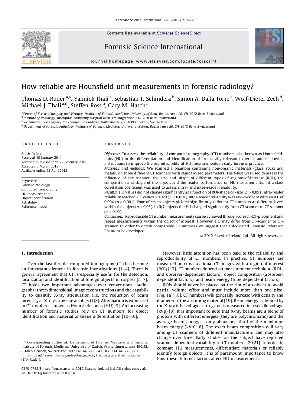 How reliable are Hounsfield-unit measurements in forensic radiology?