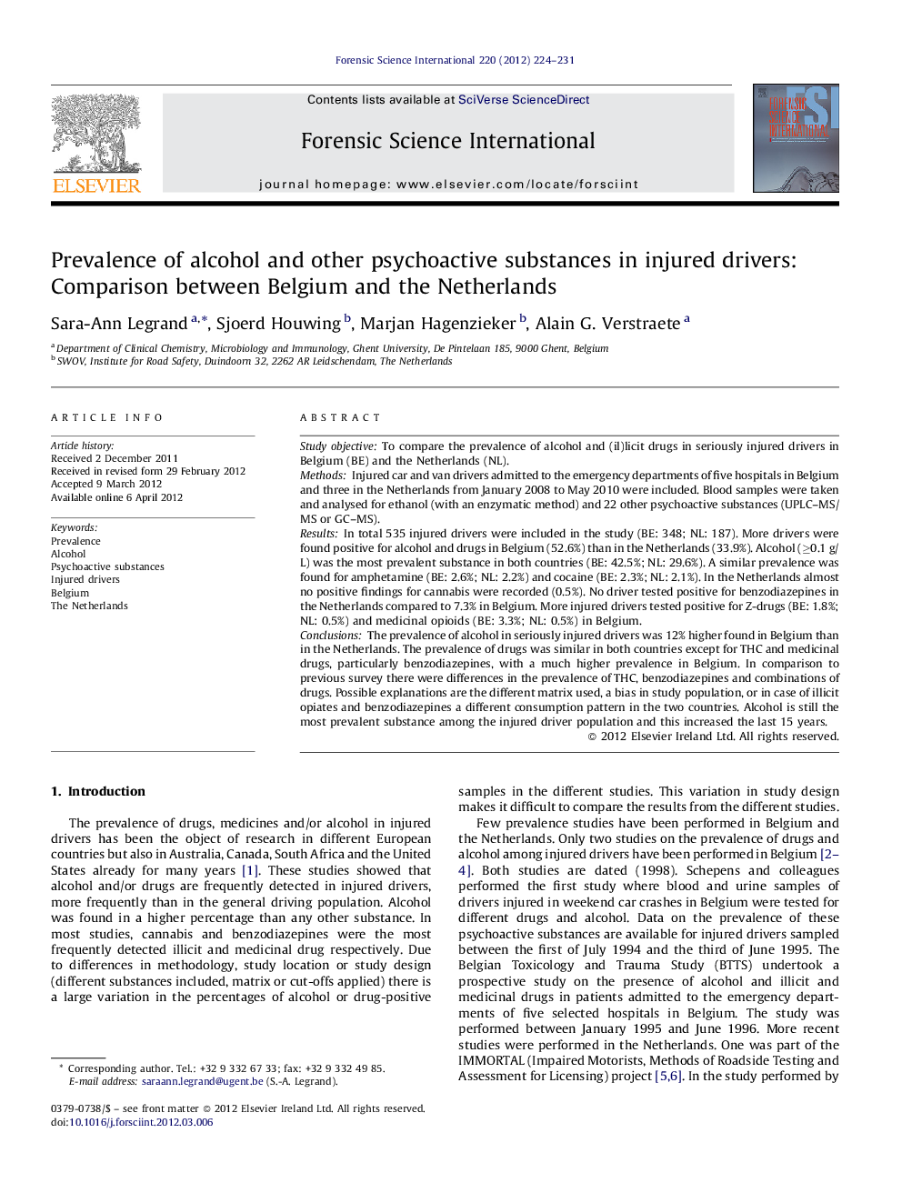 Prevalence of alcohol and other psychoactive substances in injured drivers: Comparison between Belgium and the Netherlands