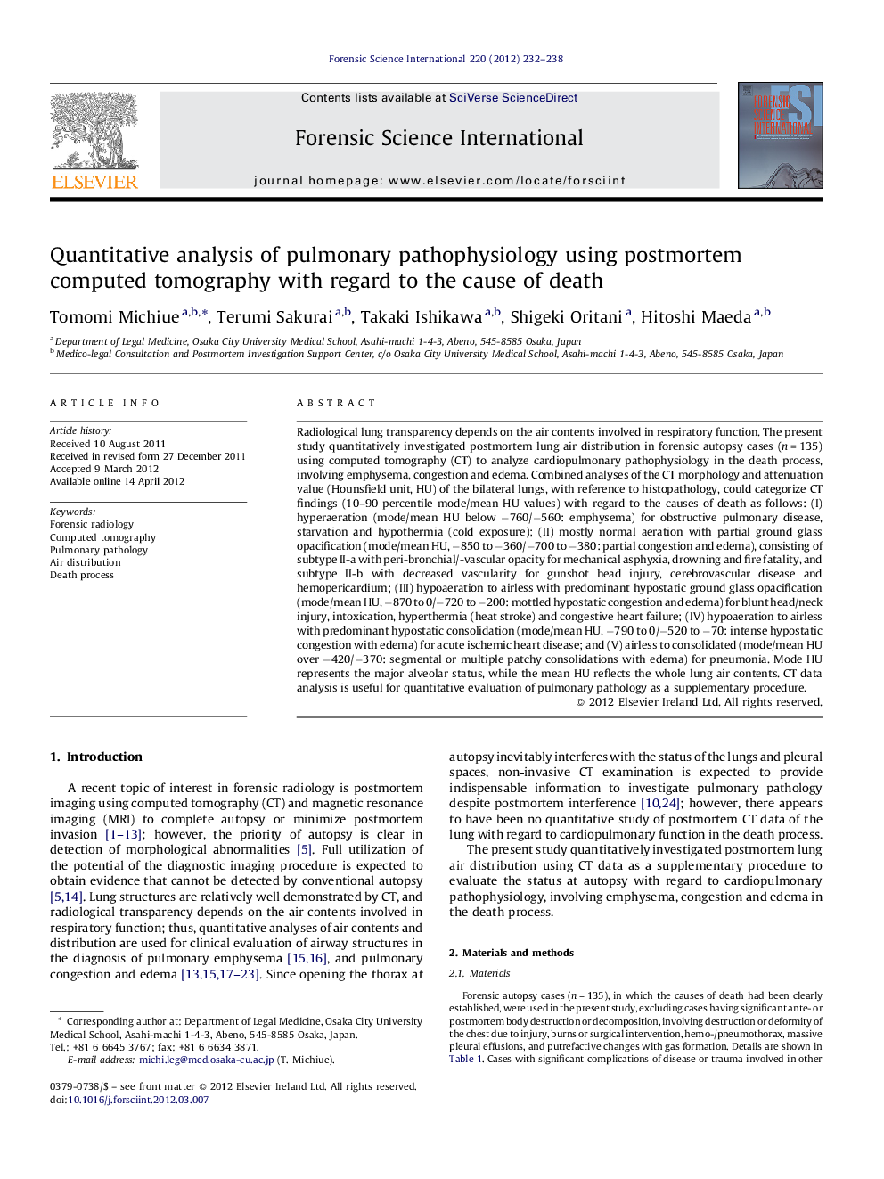 Quantitative analysis of pulmonary pathophysiology using postmortem computed tomography with regard to the cause of death