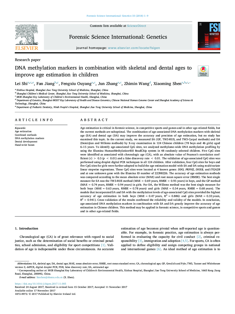 DNA methylation markers in combination with skeletal and dental ages to improve age estimation in children