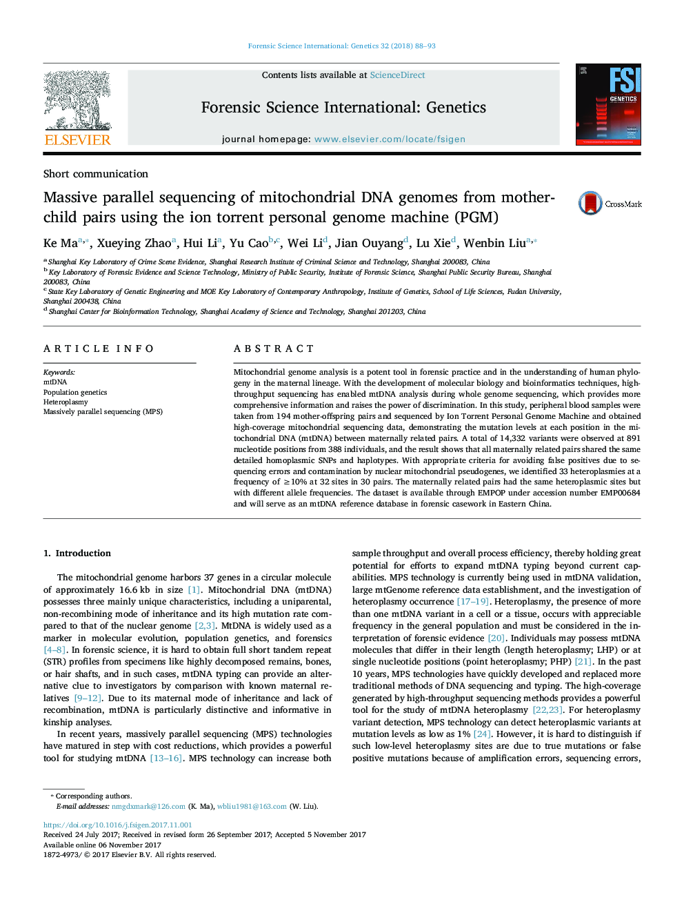 Massive parallel sequencing of mitochondrial DNA genomes from mother-child pairs using the ion torrent personal genome machine (PGM)