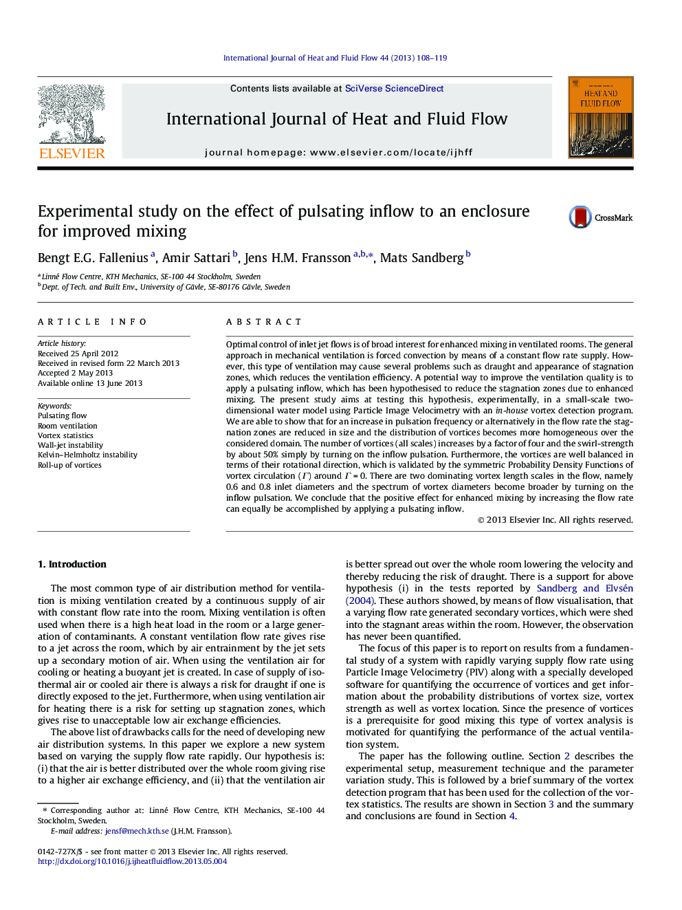 Experimental study on the effect of pulsating inflow to an enclosure for improved mixing