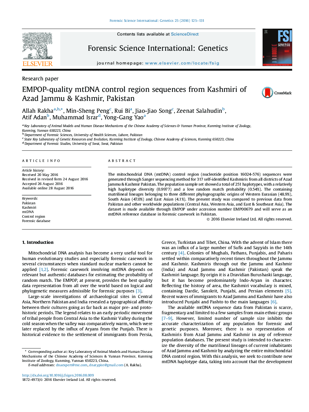 EMPOP-quality mtDNA control region sequences from Kashmiri of Azad Jammu & Kashmir, Pakistan