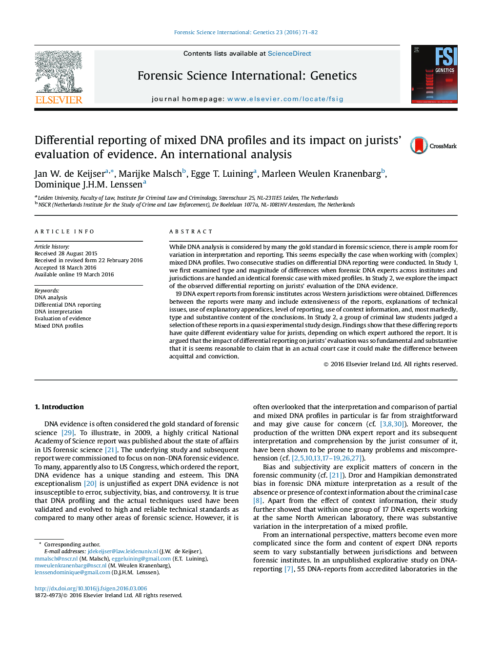 Differential reporting of mixed DNA profiles and its impact on jurists' evaluation of evidence. An international analysis