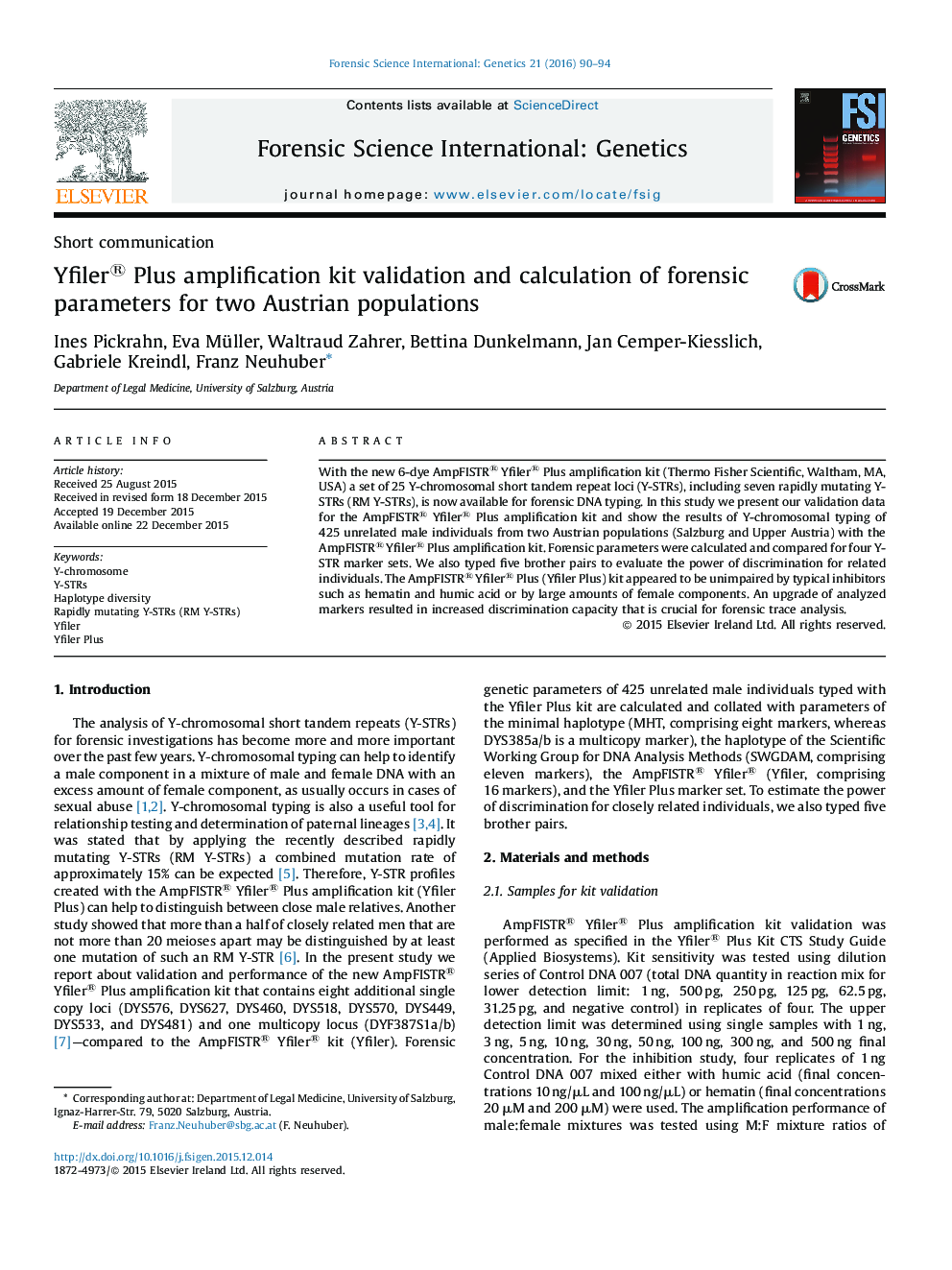 Yfiler® Plus amplification kit validation and calculation of forensic parameters for two Austrian populations