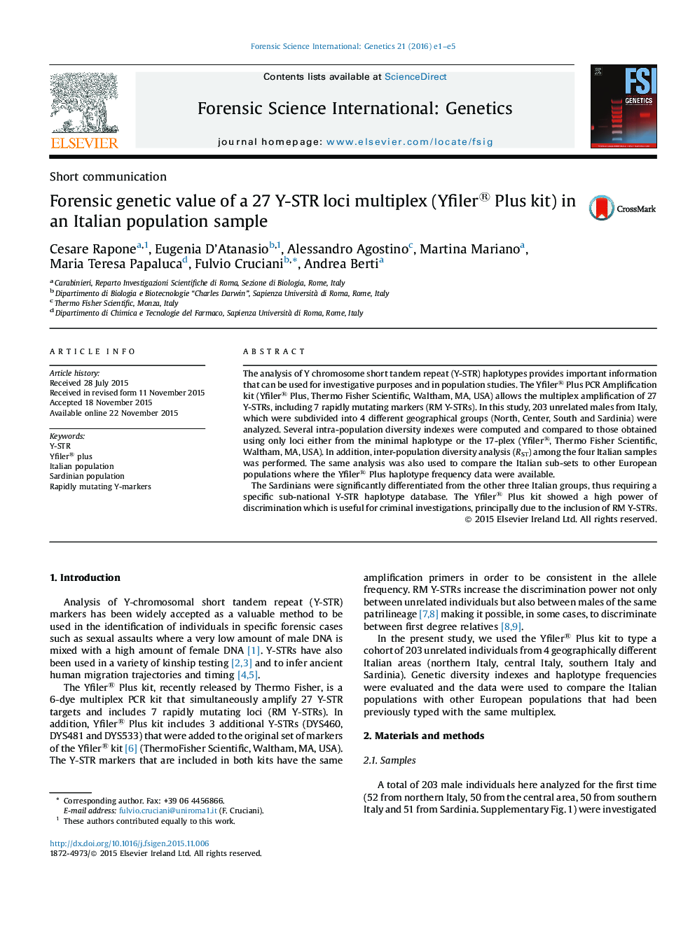 Forensic genetic value of a 27 Y-STR loci multiplex (Yfiler® Plus kit) in an Italian population sample