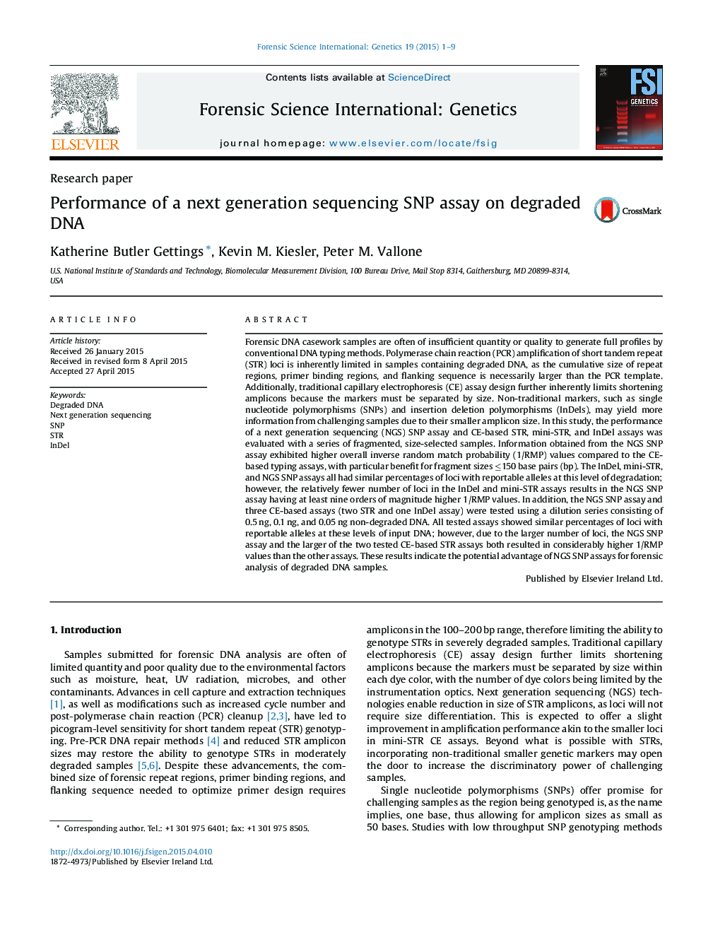 Performance of a next generation sequencing SNP assay on degraded DNA