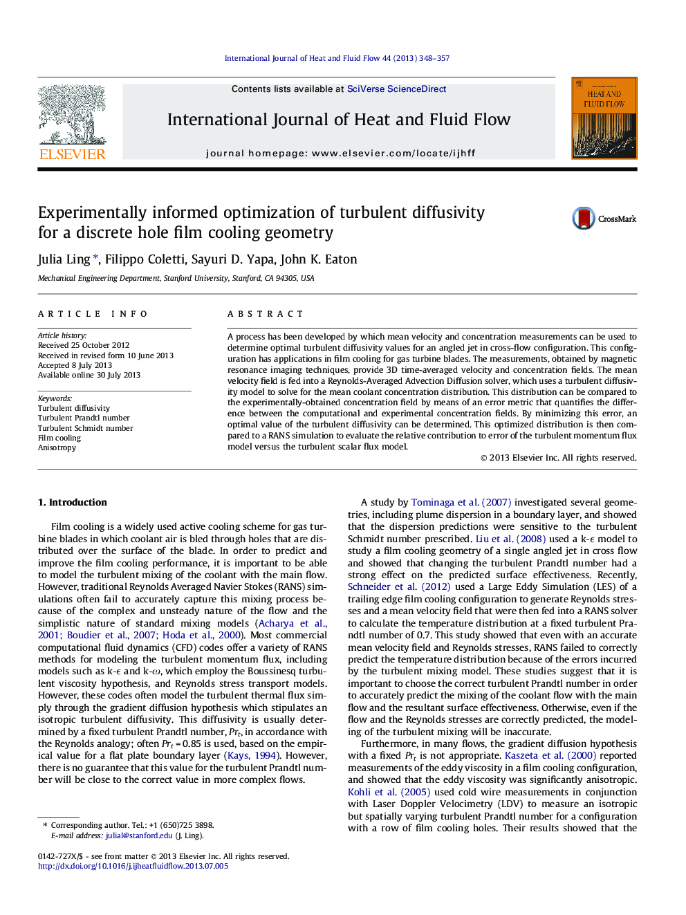 Experimentally informed optimization of turbulent diffusivity for a discrete hole film cooling geometry